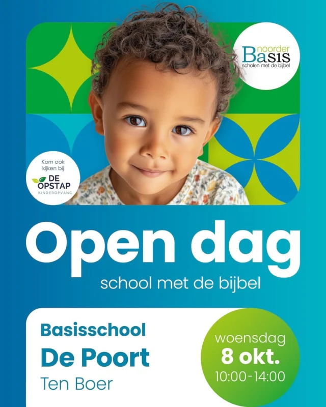 📅 Op woensdag 8 oktober organiseren we een open dag!🕙 Van 10.00-15.00 uur ben je van harte welkom om een kijkje te nemen op onze mooie, kleinschalige school.👶🏼 Op zoek naar kinderopvang of BSO? Ook dan ben je van harte welkom om binnen te lopen.❓We staan klaar om je alles te vertellen over onze school en opvang.👀 Zien we je dan?#opendagnoorderbasis #noorderbasis #basisschooltenboer #kinderopvangtenboer #kindcentrum