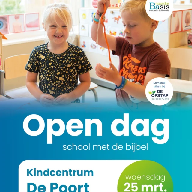Open Dag – Woensdag 25 maart! 🕙 10.00 – 14.00 uurWees welkom op ons christelijke, kleinschalige kindcentrum voor kinderen van 0 tot 13 jaar.De Poort is een kleine en warme school, waar geloof, aandacht en verbinding samenkomen en ieder kind wordt gezien. Kom langs voor een kennismaking, rondleiding en een gesprek met ons team. We laten je graag ervaren hoe wij leren, spelen en opgroeien combineren in één vertrouwde omgeving.De Poort – Ten BoerWij kijken ernaar uit je te ontmoeten!